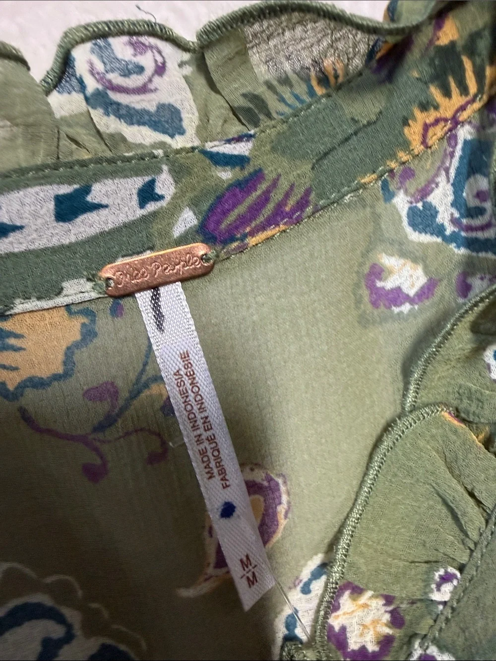 Free People Olive Green Floral Ruffle-Hem Long Sleeve Dress